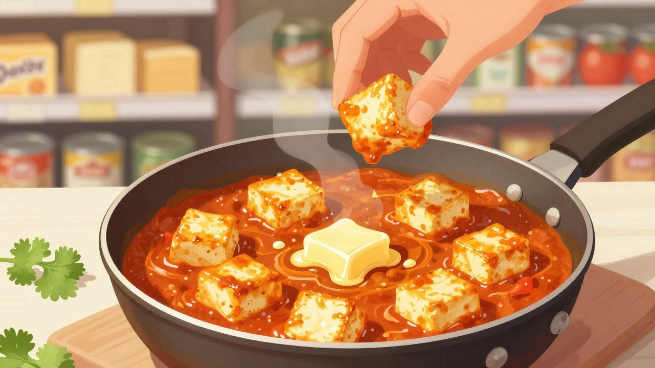 Golden paneer cubes in creamy tomato sauce, butter glistening, fresh cilantro nearby.