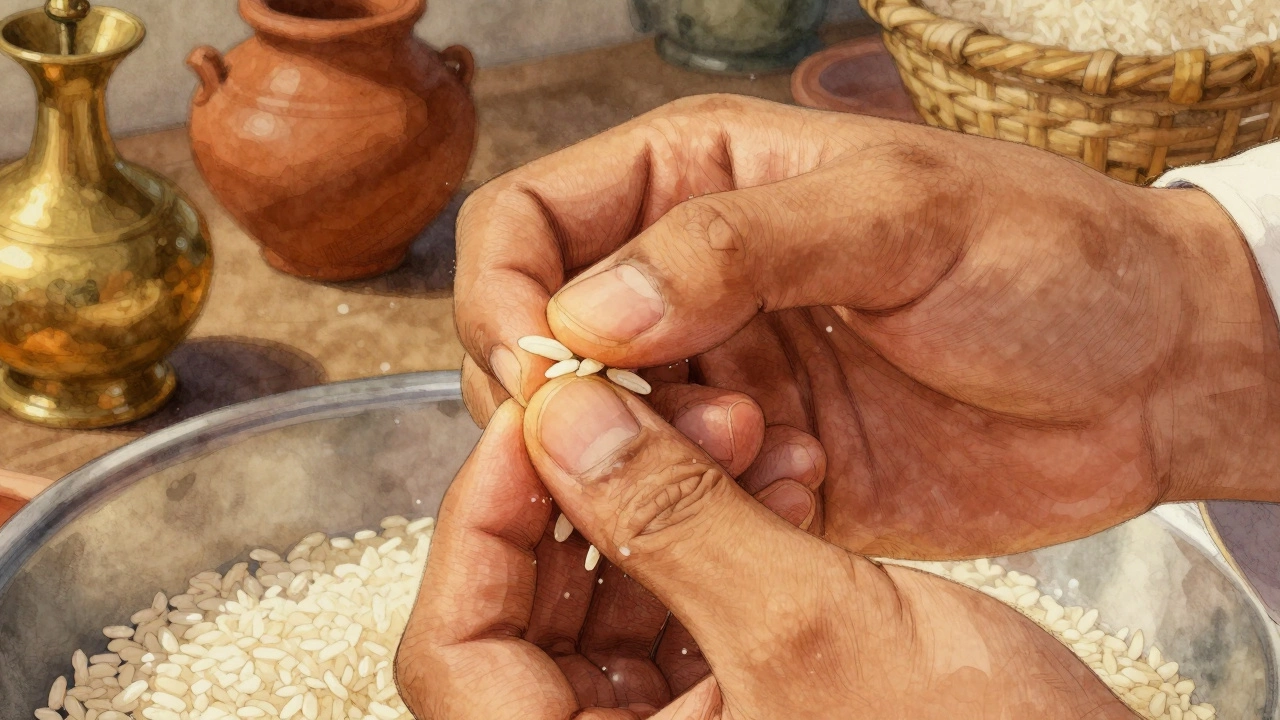 Hands crushing soaked rice grain to test texture for dosa batter