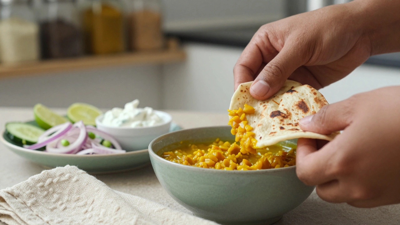 Hands dipping roti into dal beside cucumber salad and raita in a kitchen setting.