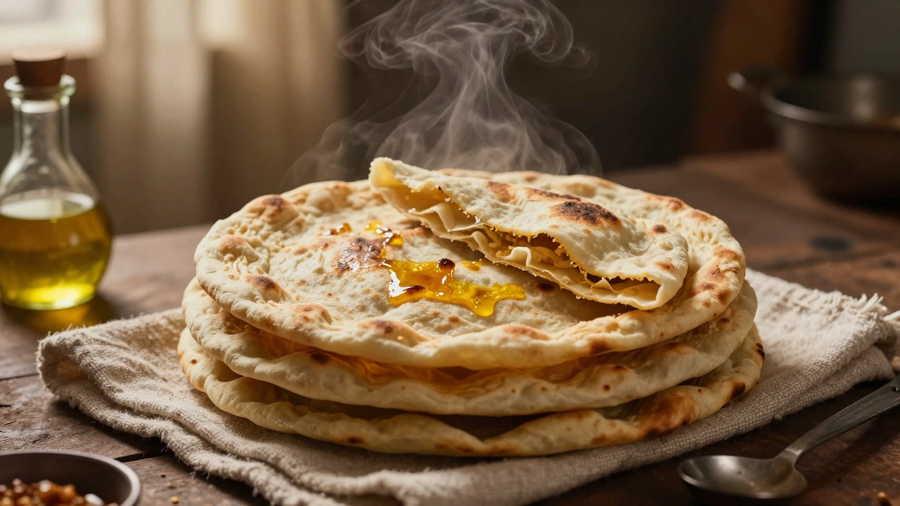 Stacked warm rotis on a cloth, steam rising, one peeled back to show soft layers, oil sheen visible in a rustic Indian kitchen.