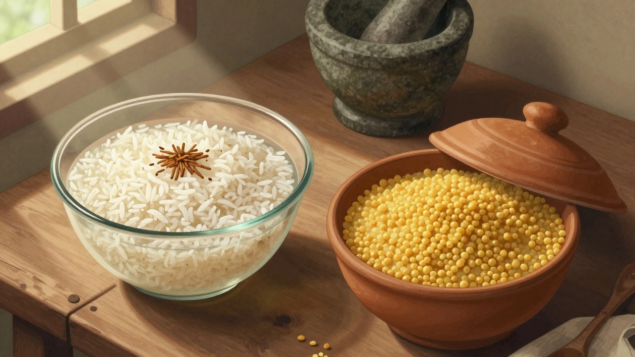 Two separate bowls of rice with fenugreek and urad dal soaking in kitchen