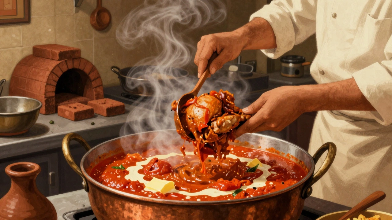 A 1950s Delhi kitchen scene where a chef transforms leftover tandoori chicken into butter chicken.
