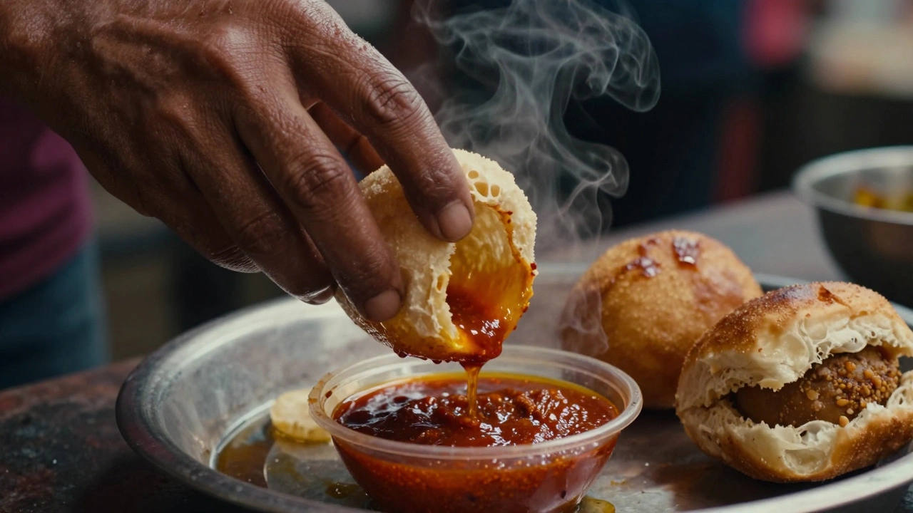A hand dipping pani puri in spiced water, chutney dripping onto fingers.