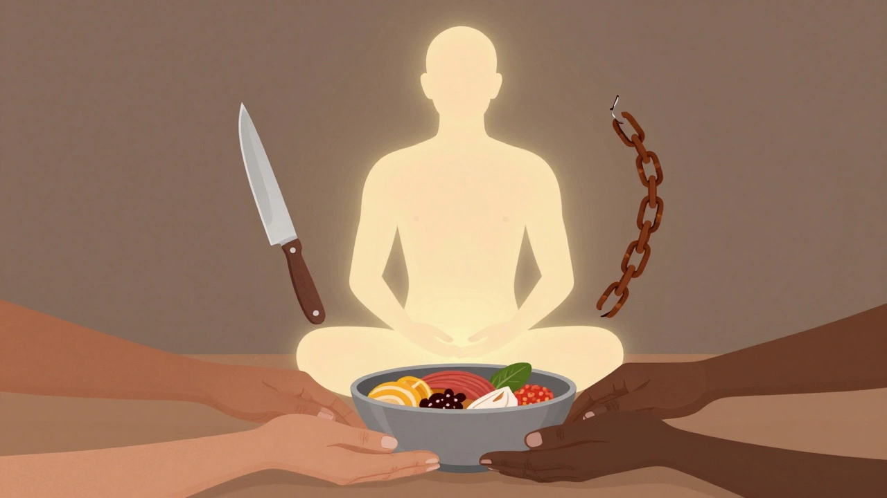 A human body as a temple, symbolizing clarity and equality, with food and freedom motifs surrounding it.