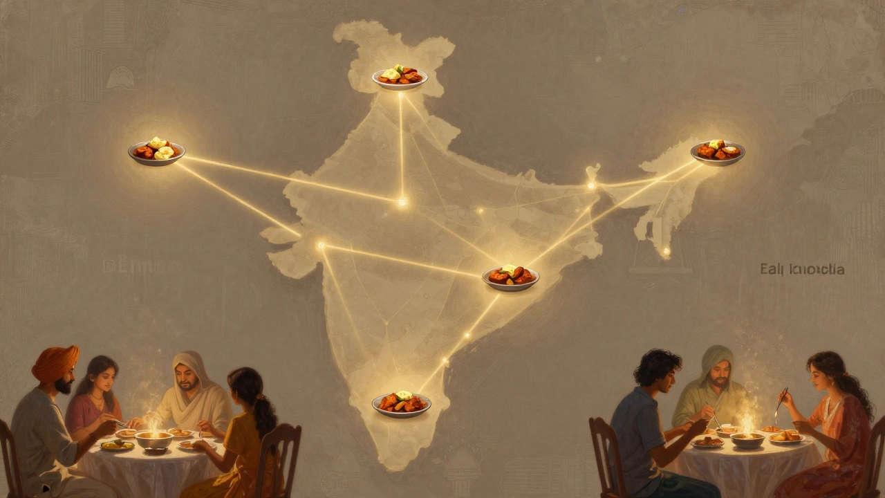 A map of India with golden threads connecting homes where families share butter chicken across regions.