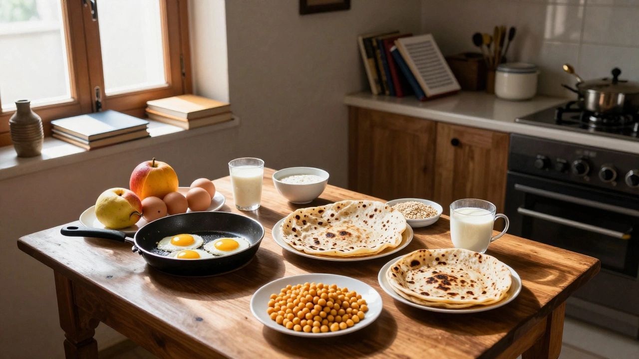 A Sikh family preparing a wholesome breakfast with paratha, eggs, and lassi in a sunlit kitchen.