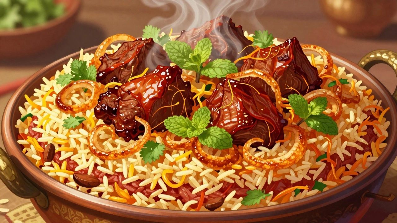 Cross-section view of layered biryani pot with meat, rice, fried onions