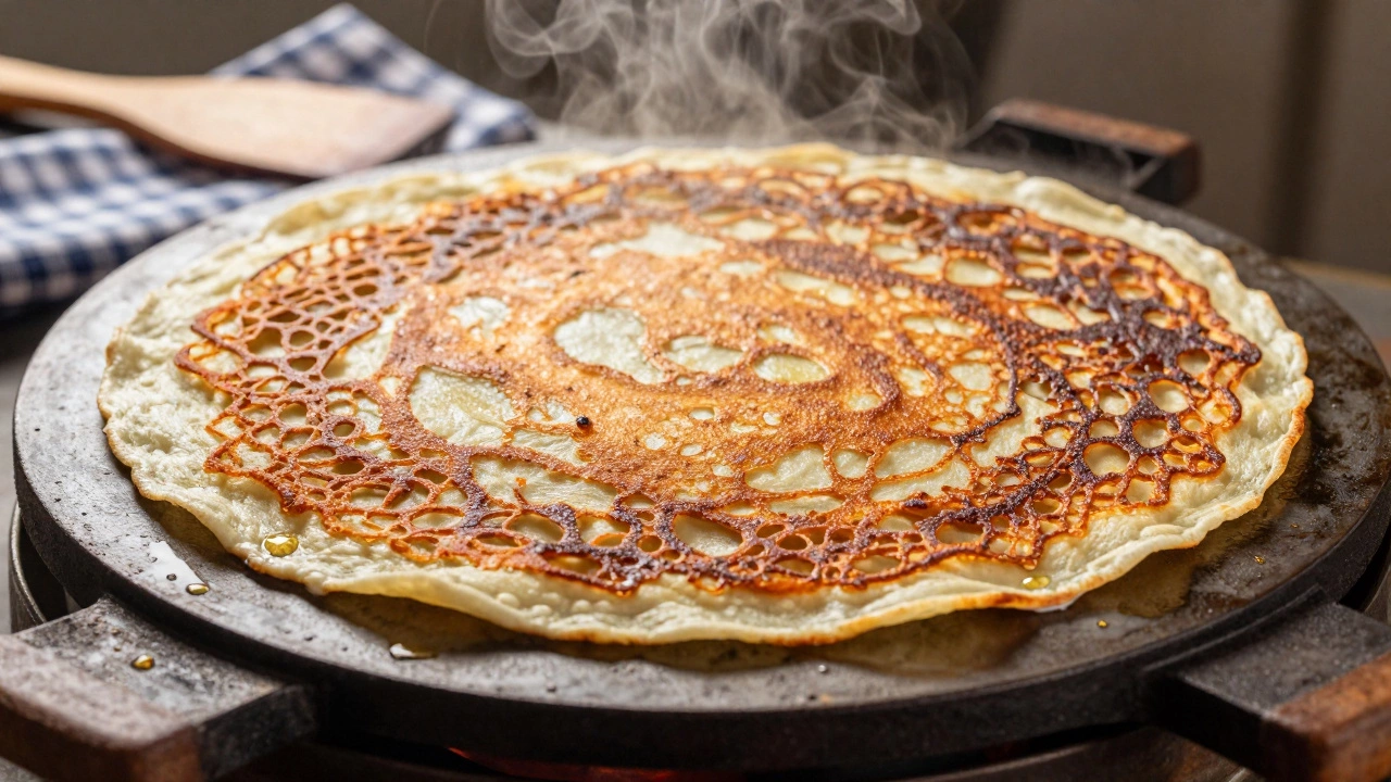 Golden crispy dosa cooking on hot iron griddle