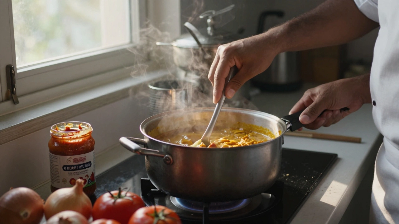 Hands stirring curry base at dawn, store-bought paste unused beside fresh ingredients.