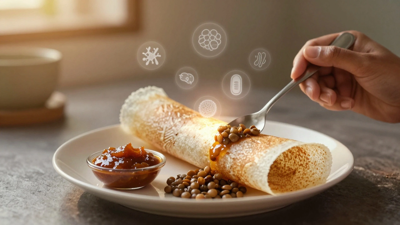 Person eating dosa with a small portion of homemade chutney, symbolizing digestive health.