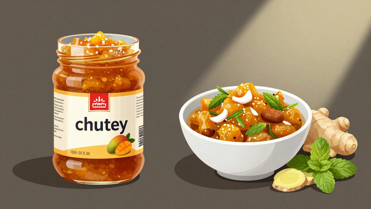 Side-by-side comparison of store-bought and homemade chutney with ingredients.