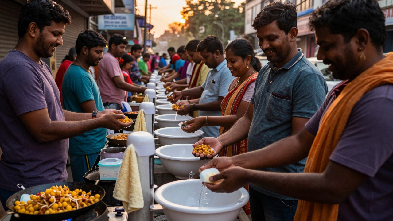 Street vendors with handwashing stations as customers enjoy food with their hands.