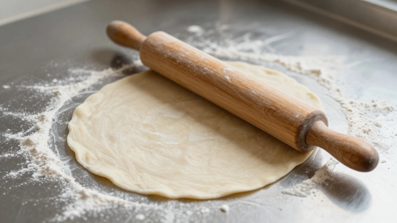 Wooden rolling pin flattening dough into a circle on a floured surface.