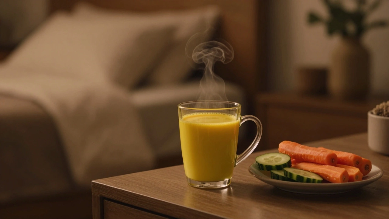 A cup of golden turmeric milk next to a fresh vegetable salad on a nightstand