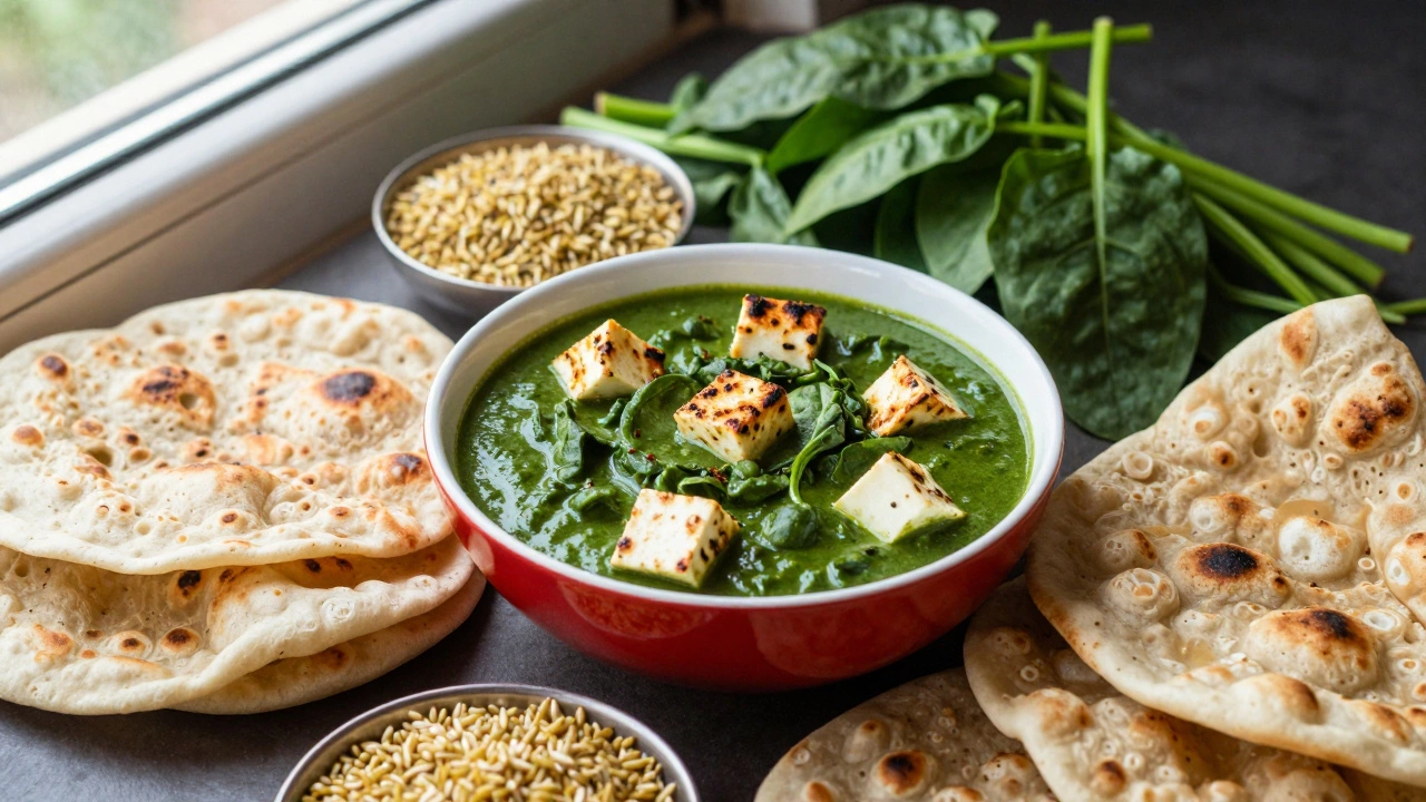 A plate of Palak Paneer with a stack of whole wheat phulka rotis