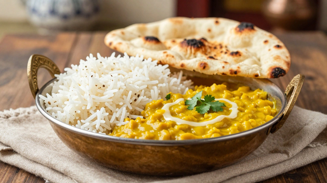 A traditional Indian meal of creamy yellow dal and steamed basmati rice with naan