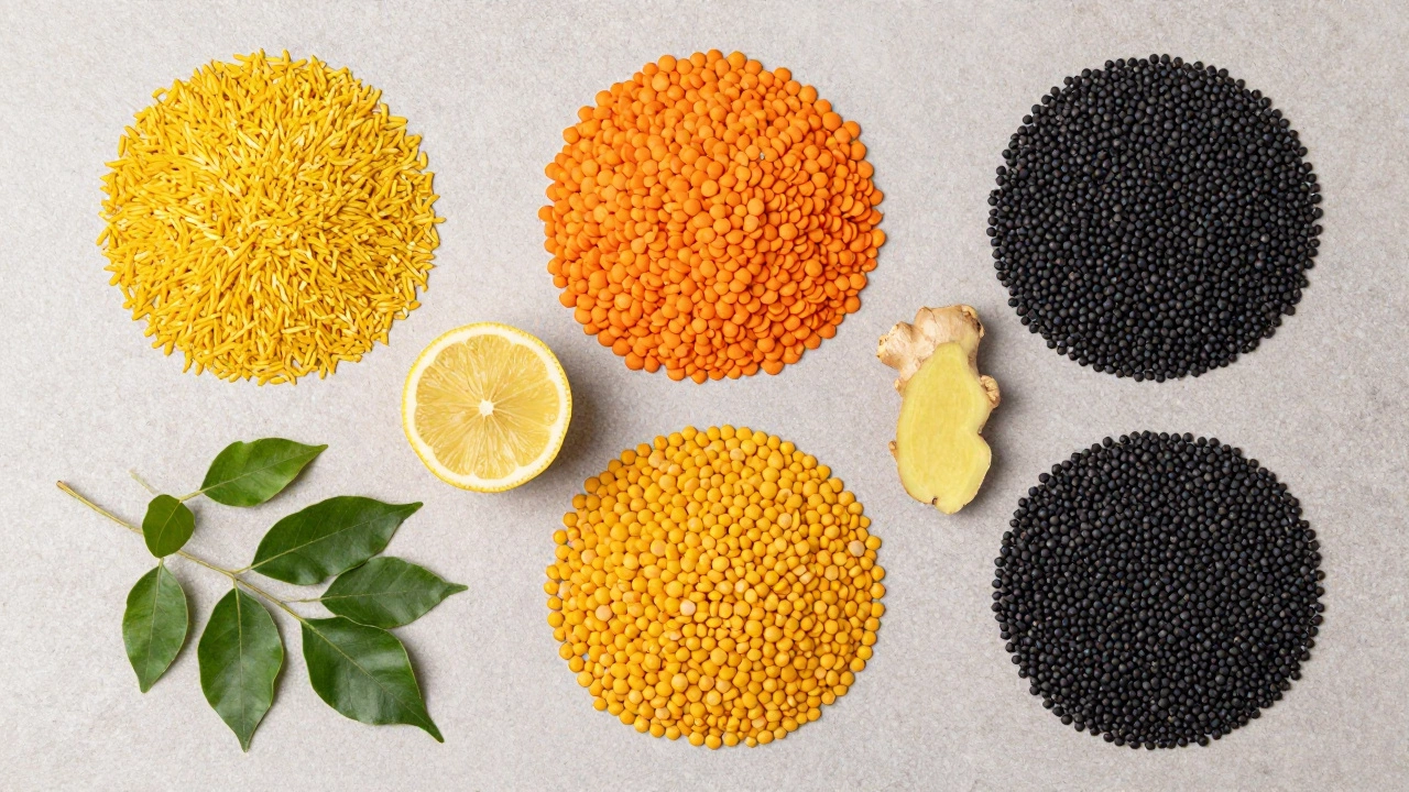 Four different types of colorful dried lentils arranged with lemon and ginger