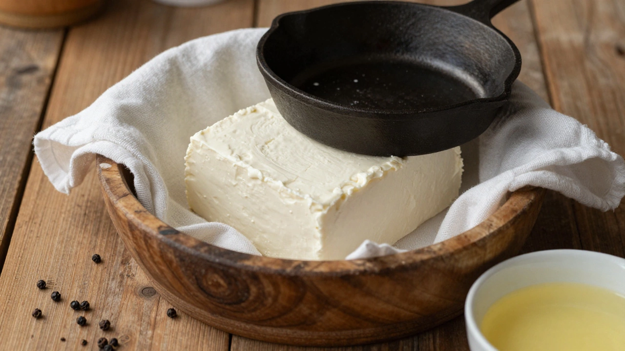 Fresh paneer block wrapped in muslin cloth being pressed by a heavy skillet