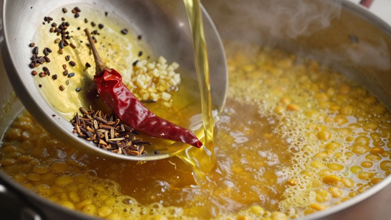 Hot aromatic spices and garlic sizzling in ghee being poured into a pot of yellow dal