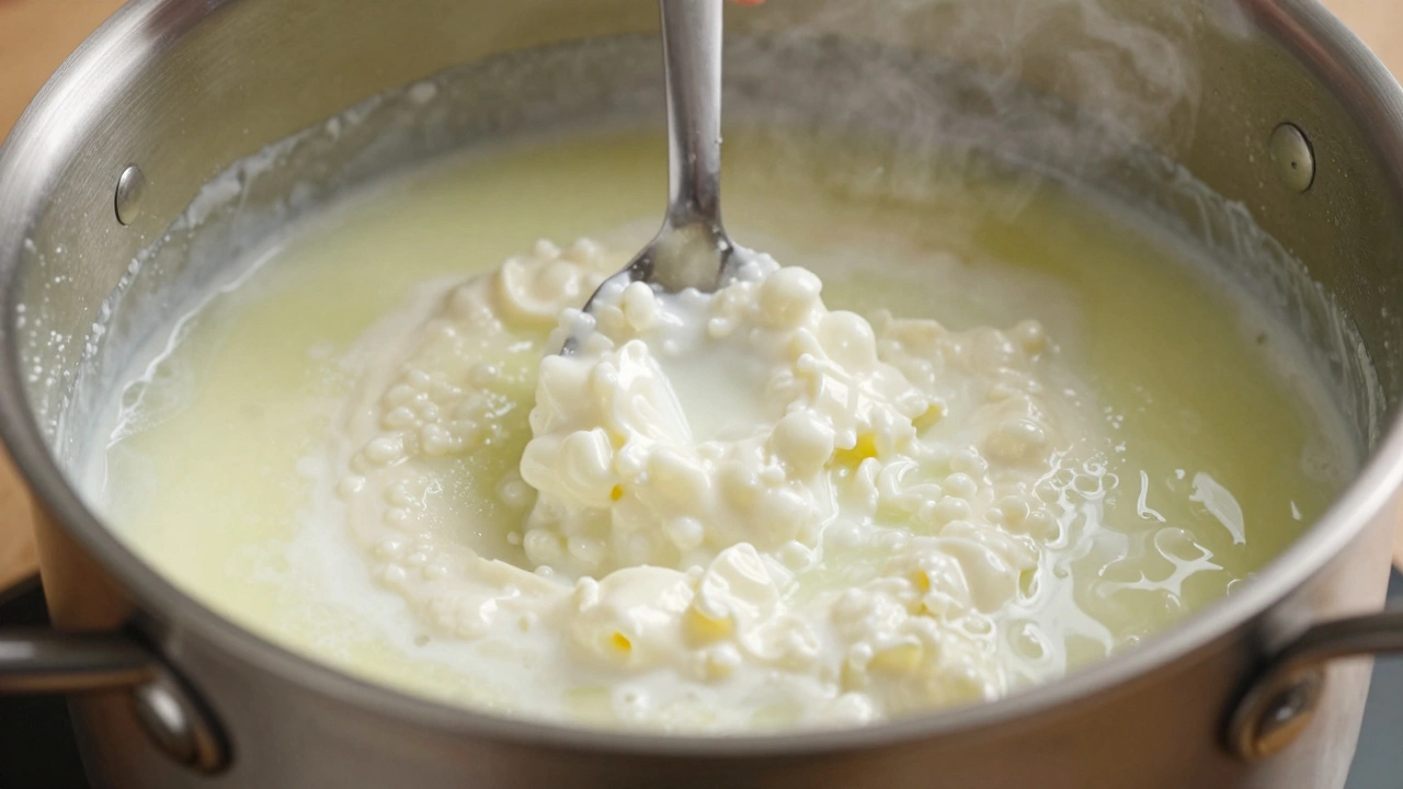 Milk curds separating from yellowish-green whey in a cooking pot