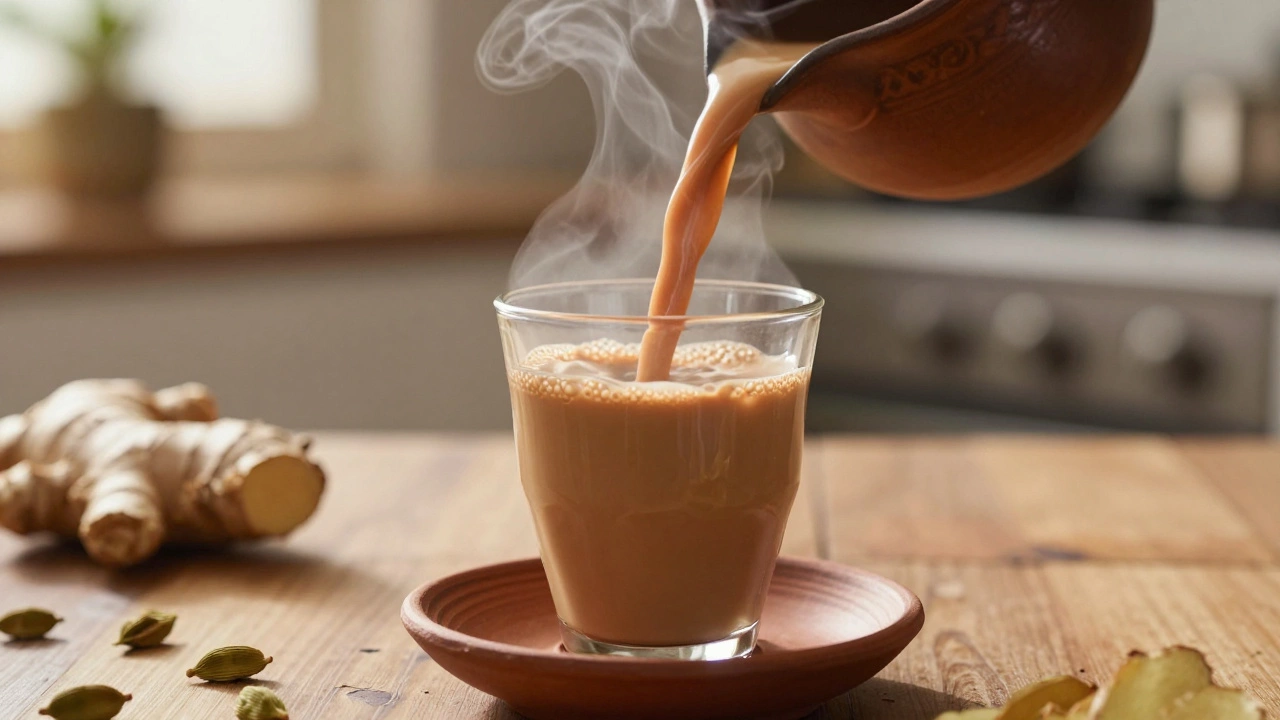 Pouring hot masala chai into a traditional clay cup with steam rising