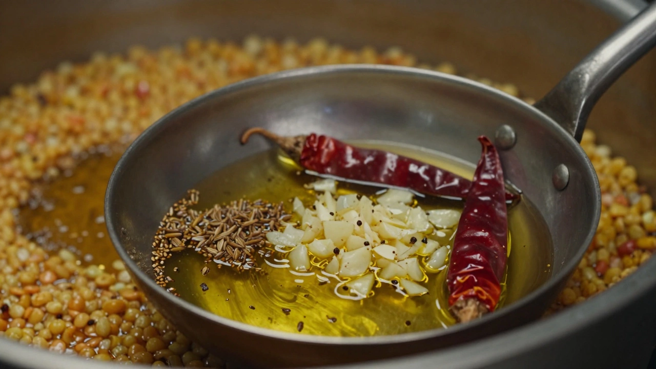 Sizzling cumin, garlic, and red chilies in oil for a dal tempering