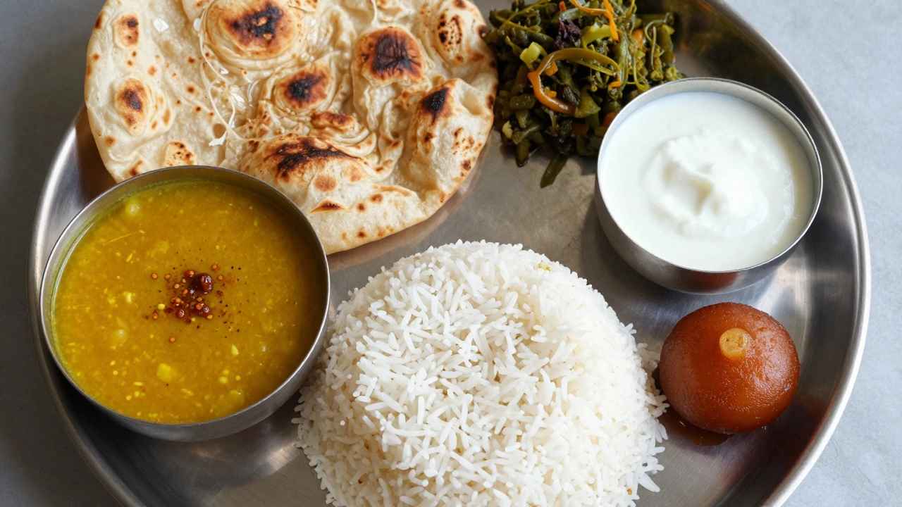 Traditional Indian Thali platter with rice, roti, dal, vegetables, and a sweet dessert