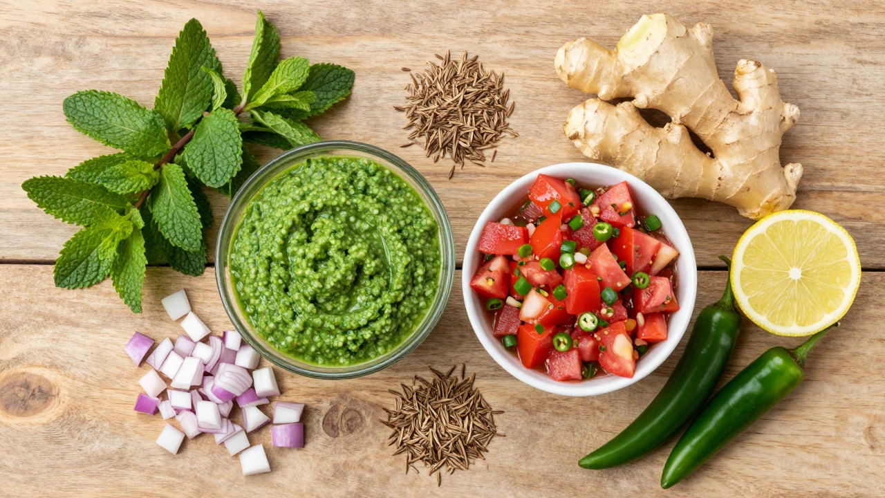 Bowl of green mint chutney beside red pico de gallo salsa with surrounding ingredients
