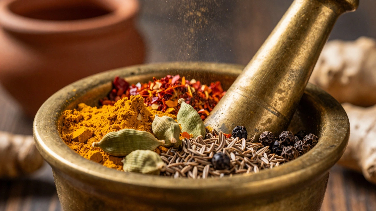 Close-up of colorful Indian spices like turmeric, chili, and cardamom in a brass mortar.