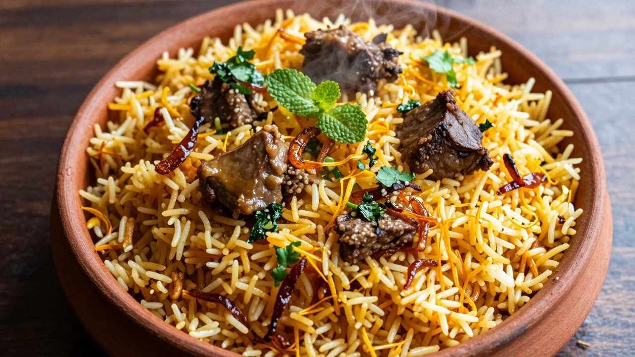 Close-up of juicy, steaming biryani with saffron, herbs, and fried onions