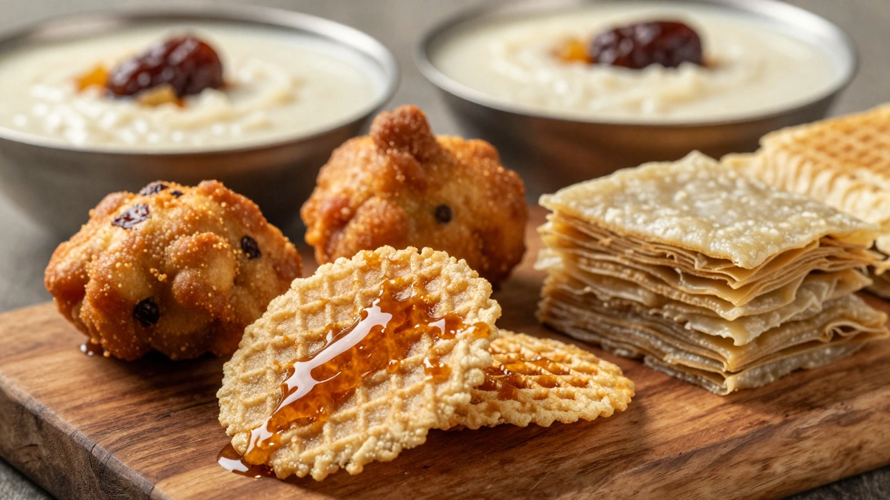 Close-up of rare Indian desserts including Anarsa, Adhirasam, Khaja, and Payesh.