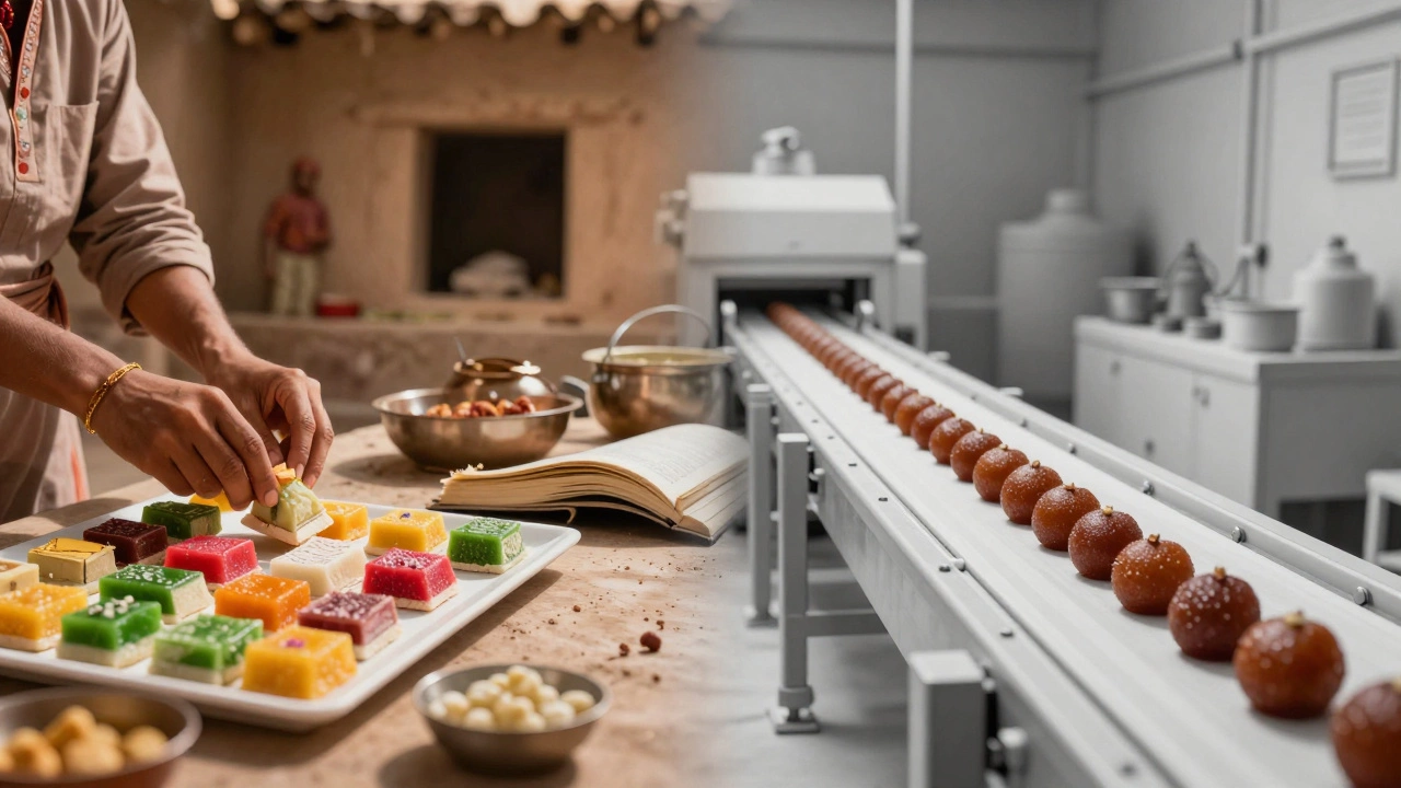 Contrast between handmade traditional Indian sweets and mass-produced factory candies.