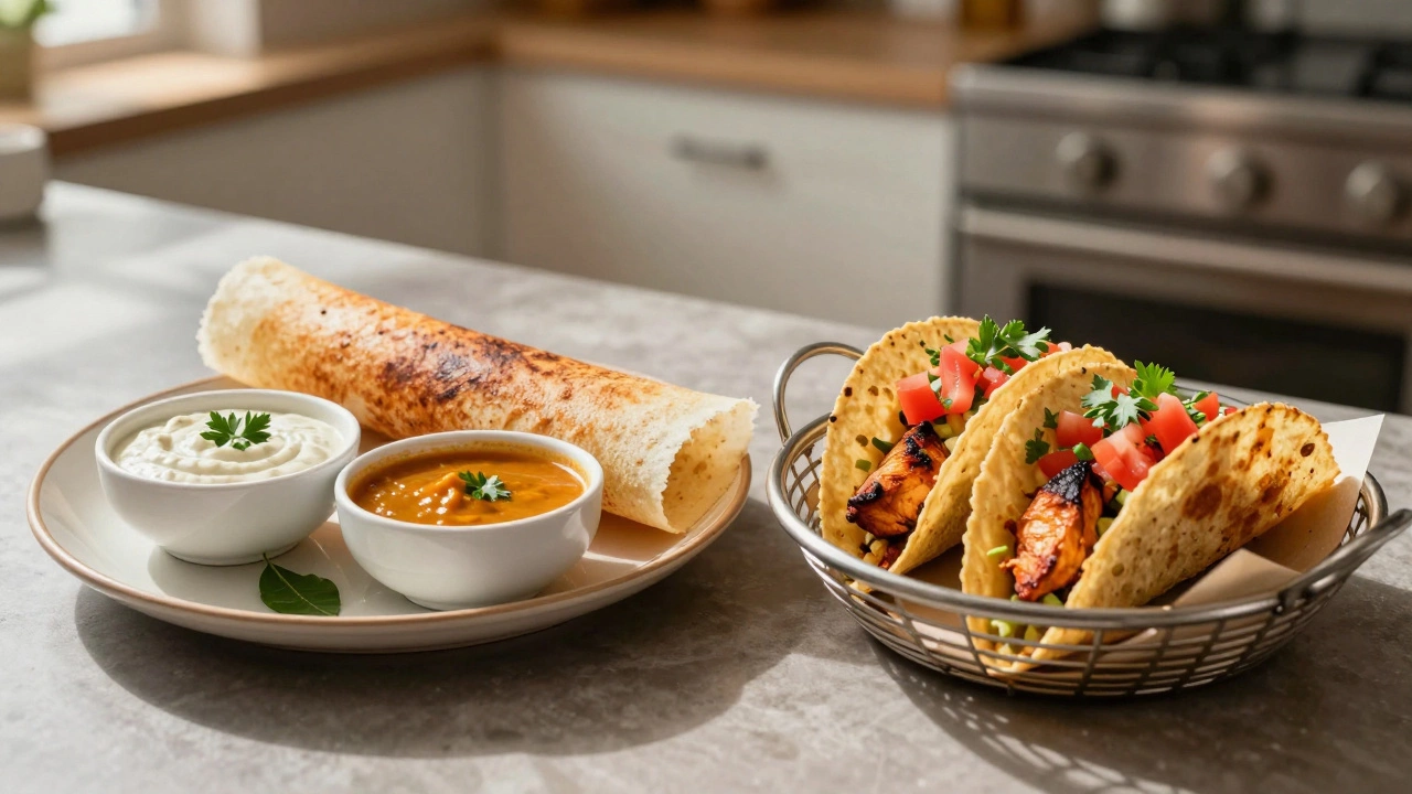 Dosas with coconut chutney paired alongside tacos with fresh tomato salsa