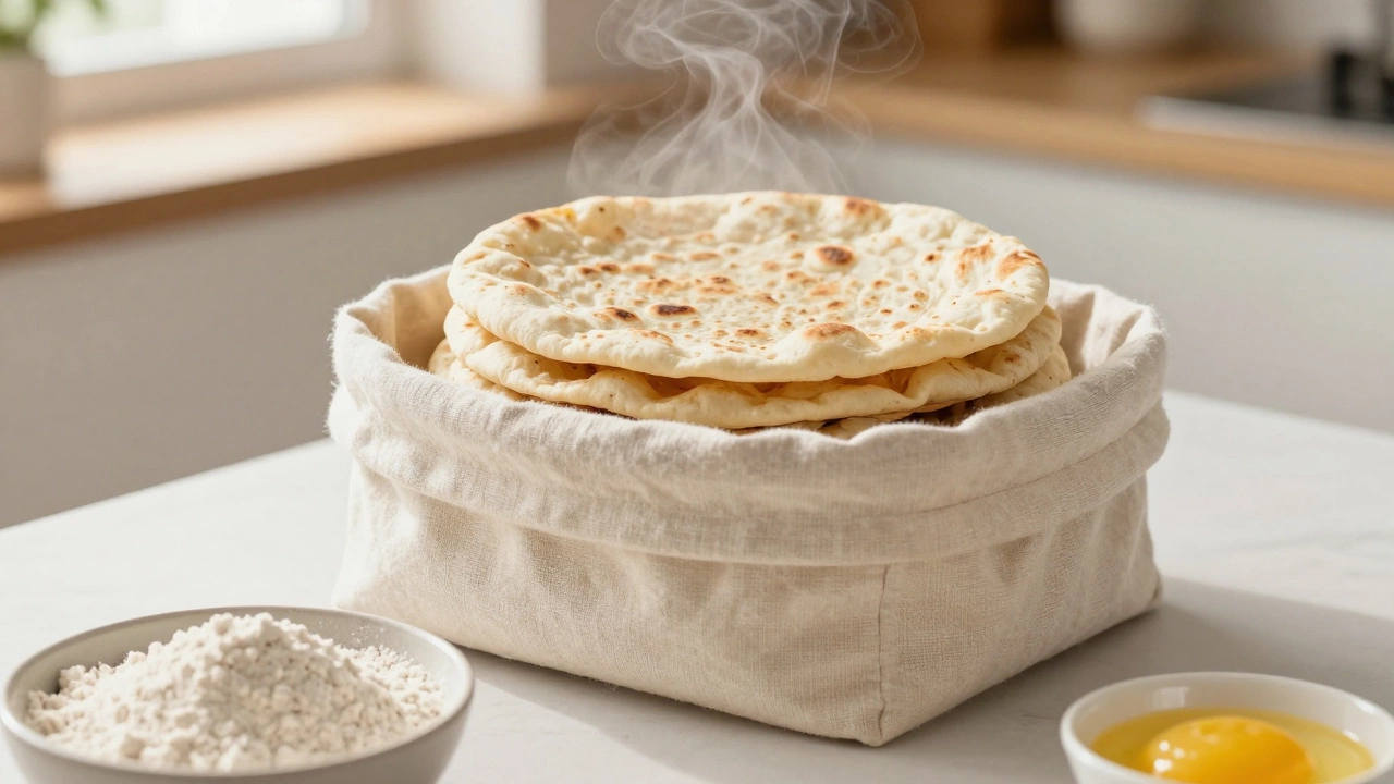 Fresh rotis stored in a cloth-lined basket to trap steam and stay soft.