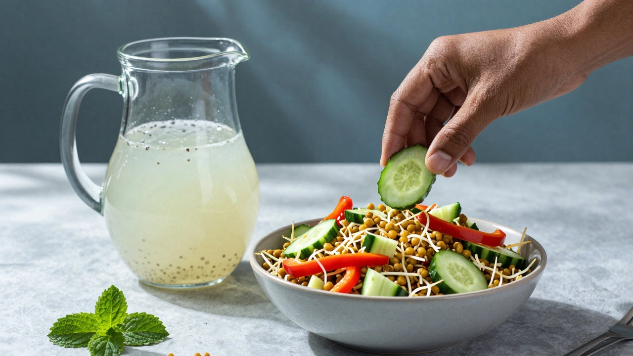 Glass of basil seed sherbet and sprouted moong salad in sunlight