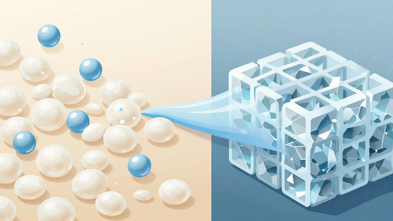 Illustration showing starch molecules hydrating then crystallizing as bread cools.