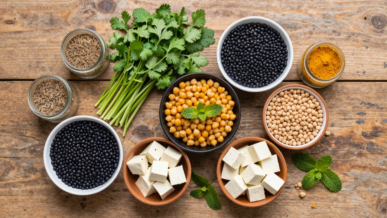 Overhead view of lentils, chickpeas, and spices for healthy curry