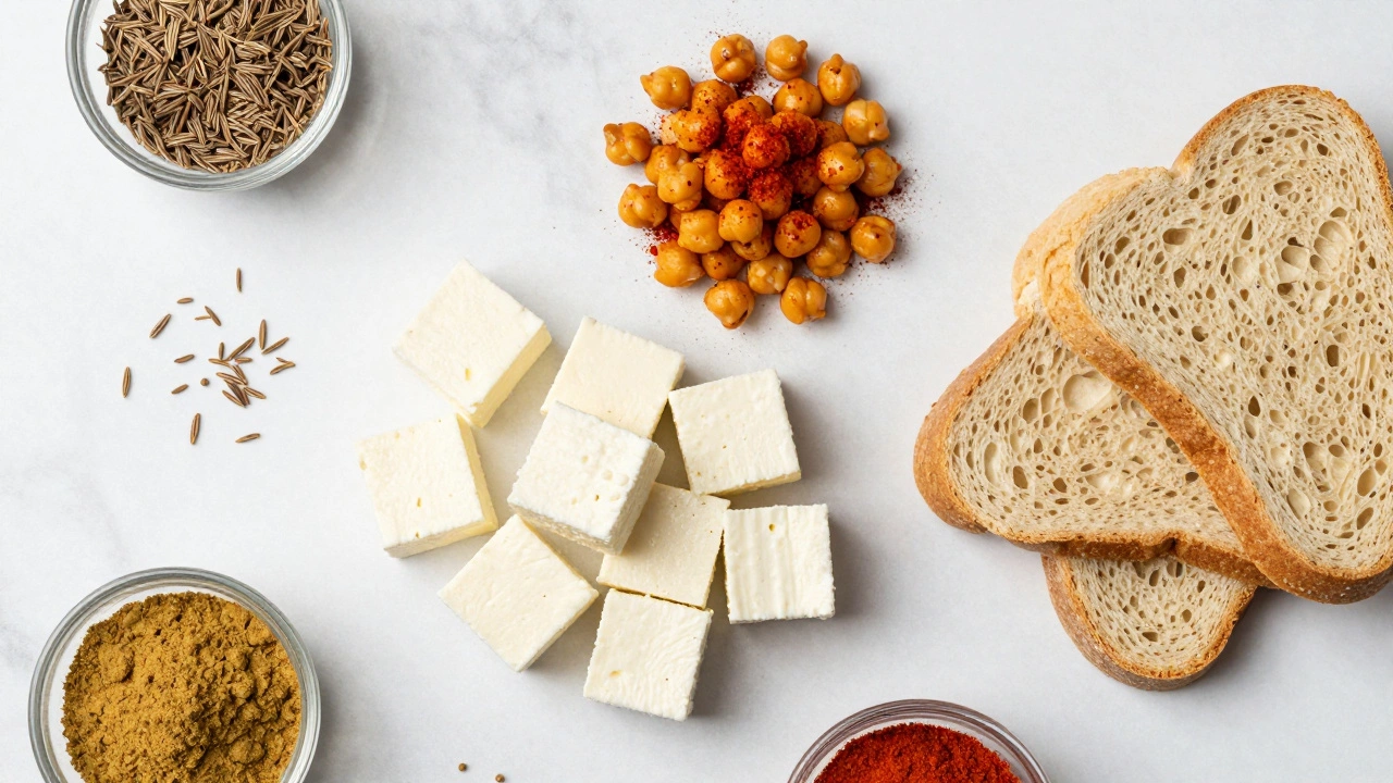 Overhead view of paneer, roasted chickpeas, and whole wheat bread
