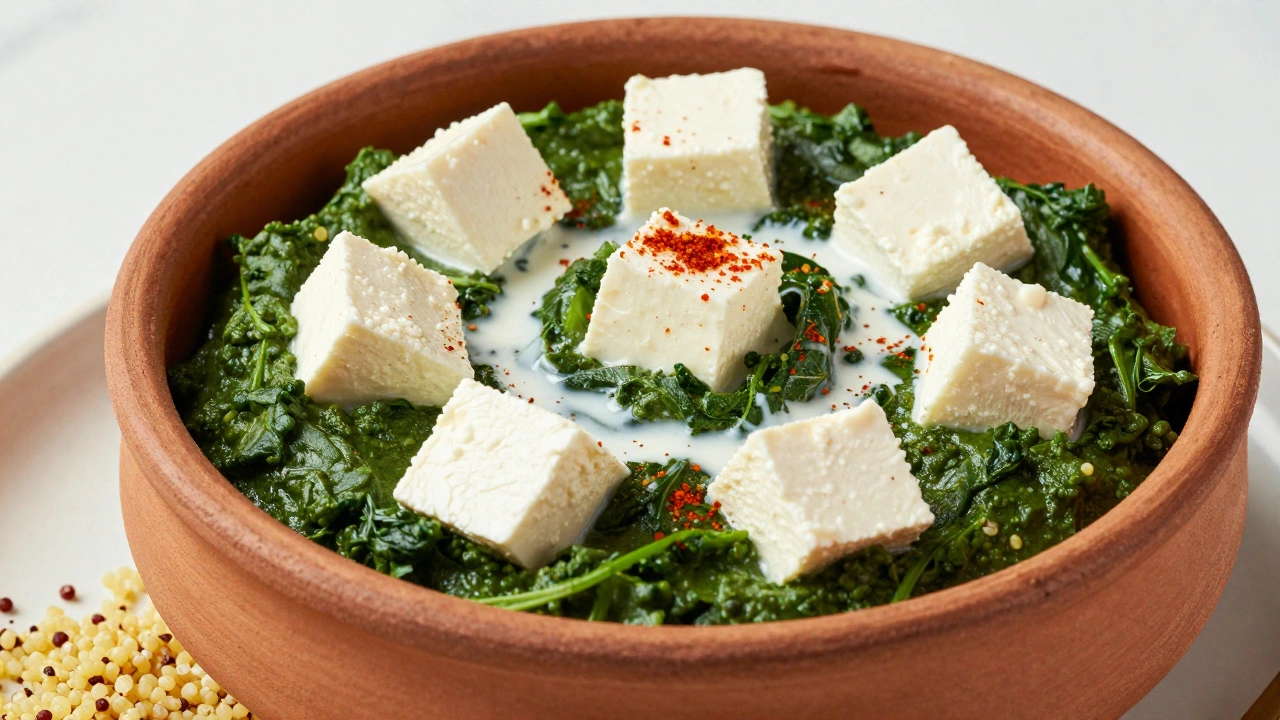 Palak paneer with spinach and cheese cubes served with quinoa