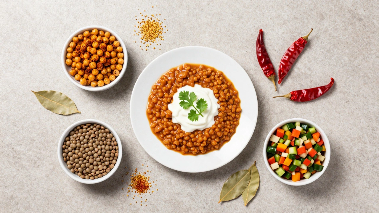 Plated lentil dal, roasted chickpeas, and lentil salad on stone