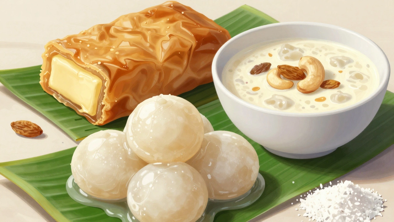 Regional Indian desserts: Rosogolla, Mysore Pak, and Payasam display