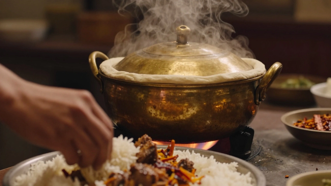 Sealed pot cooking biryani using Dum Pukht method with steam rising