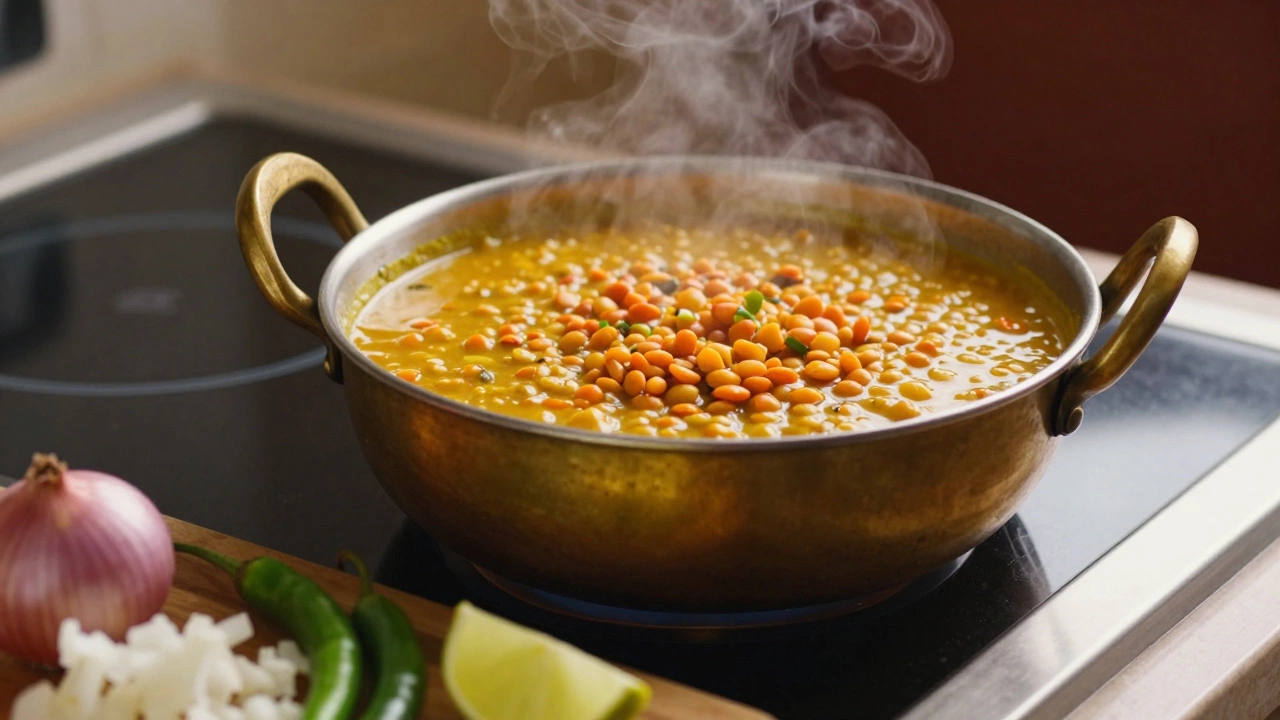 Simmering red lentil dal in a pot with fresh ingredients nearby