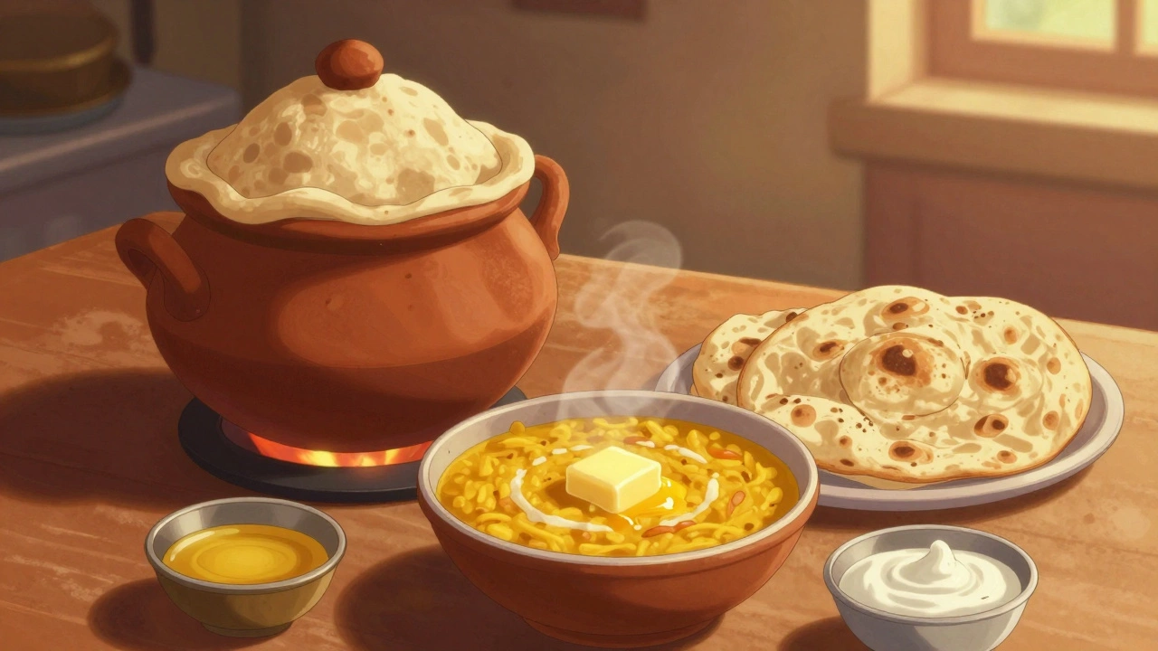 Traditional clay pot for Biryani and a bowl of creamy Dal Makhani in a warm kitchen setting.