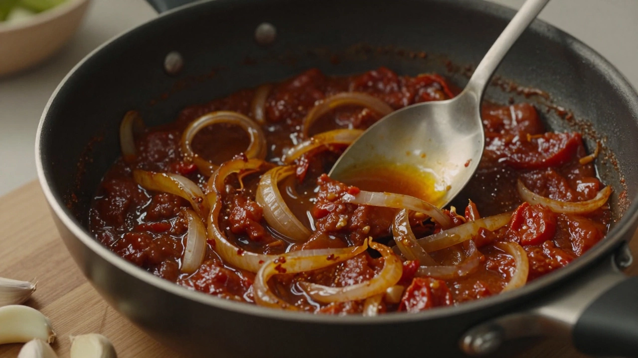 Caramelized onion and tomato masala base in a pan
