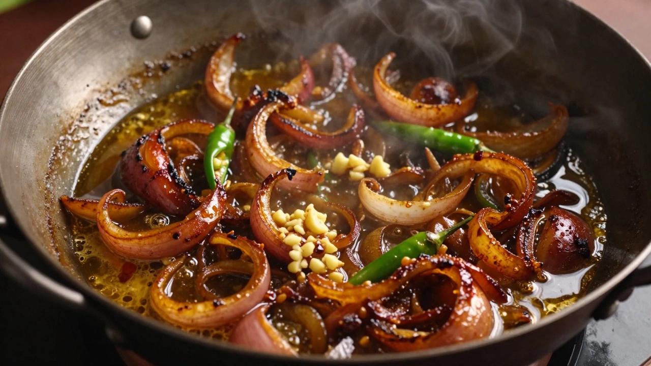 Caramelized onions and spices simmering in an iron wok