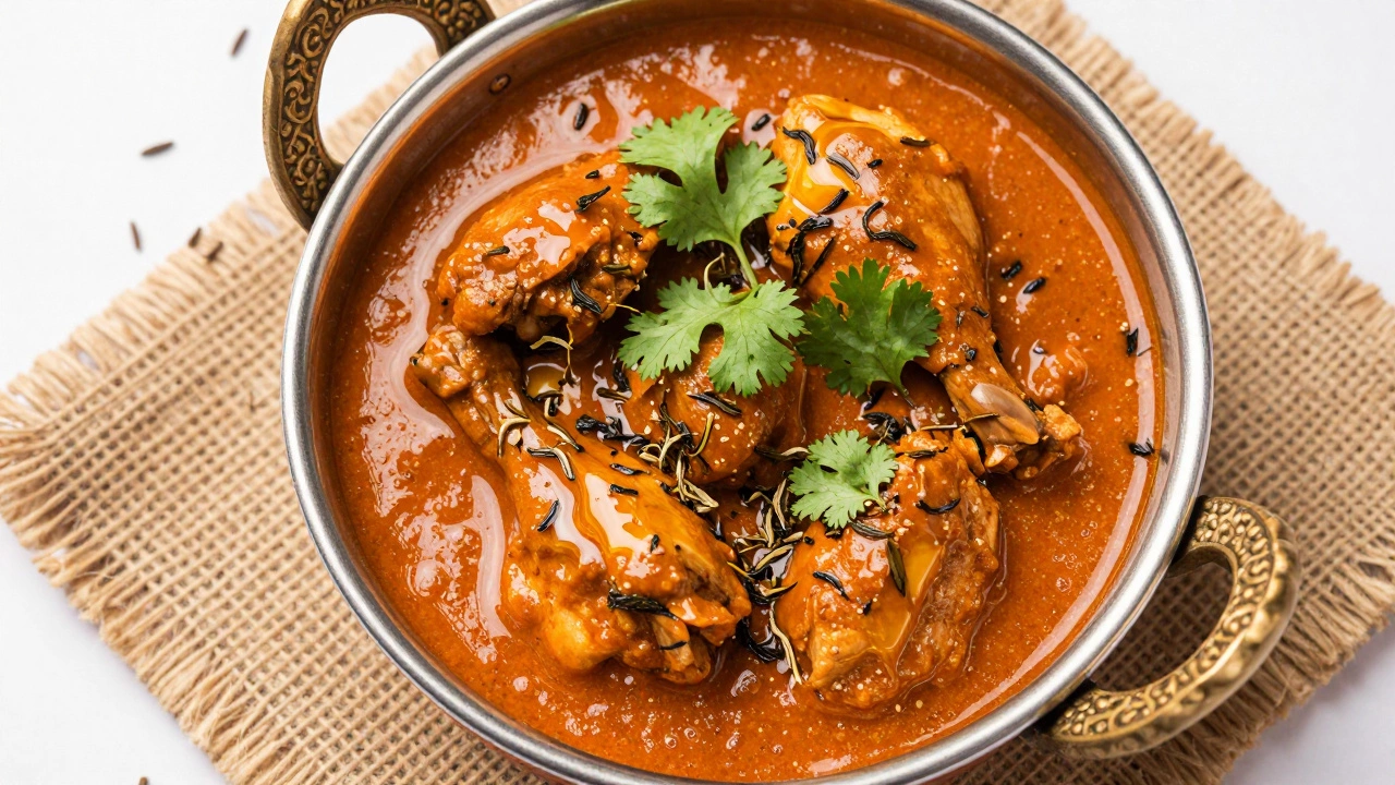 Chicken curry garnished with cilantro and ghee in copper bowl