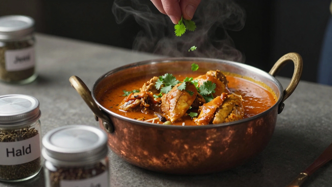 Chicken curry in a copper pot with fresh cilantro garnish