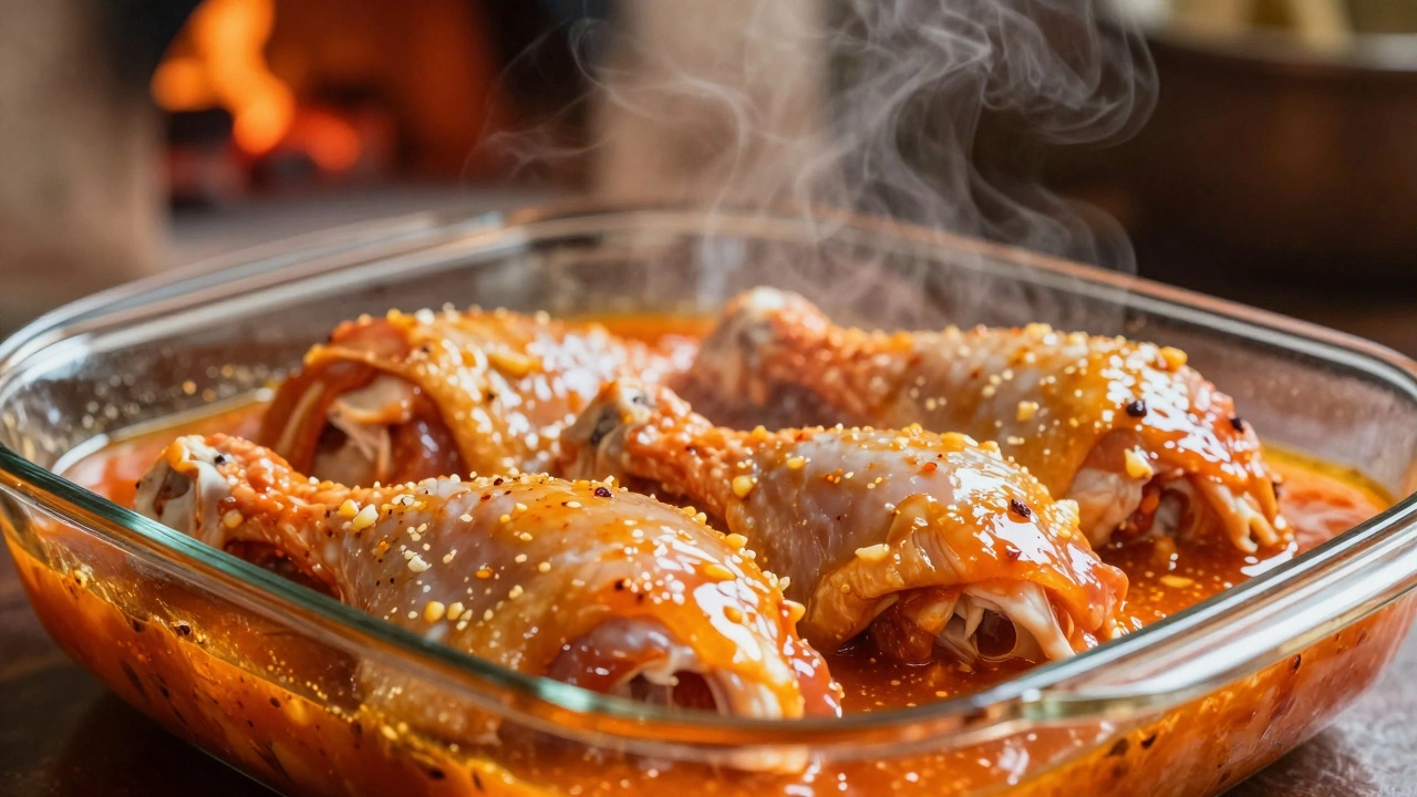 Chicken thighs coated in vibrant red-orange tandoori marinade