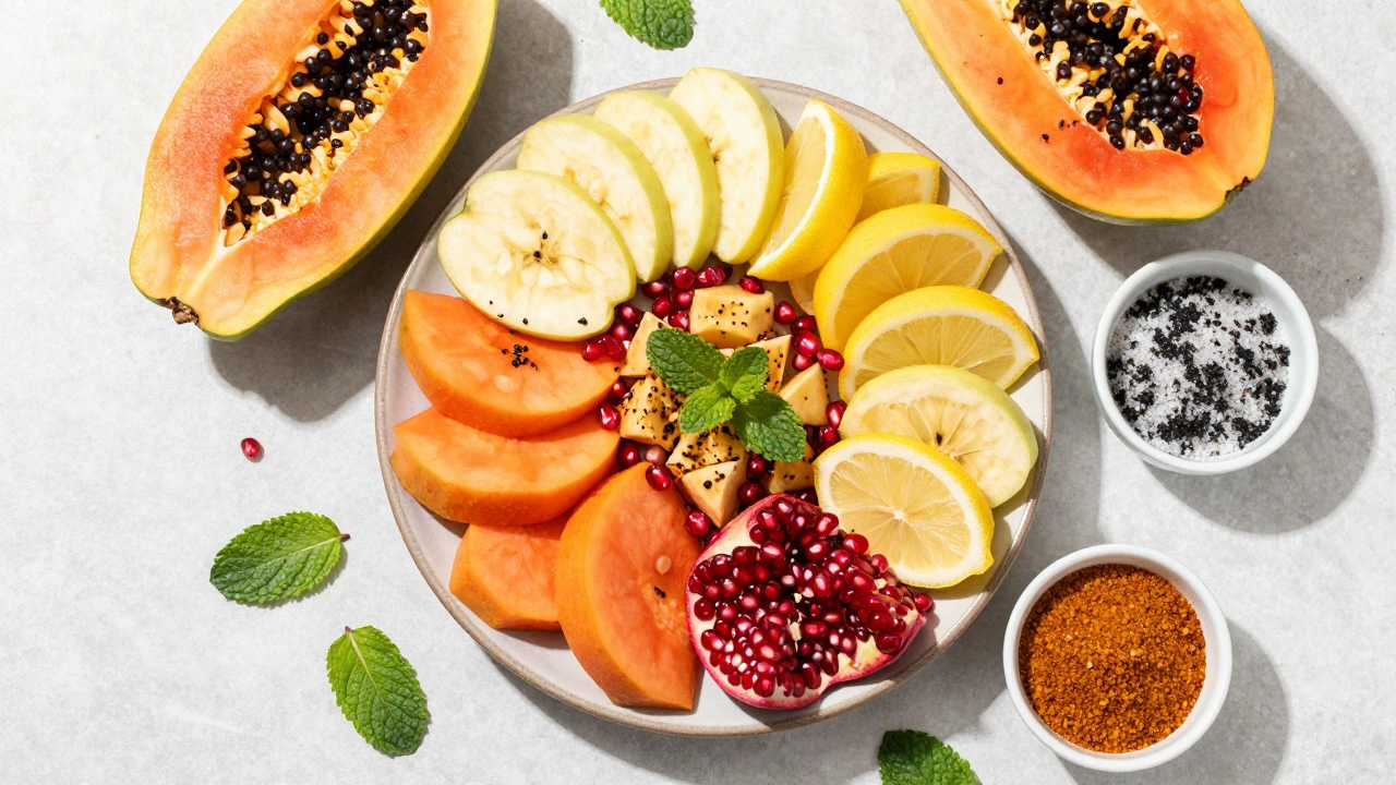 Colorful fruit chaat with lemon and spices